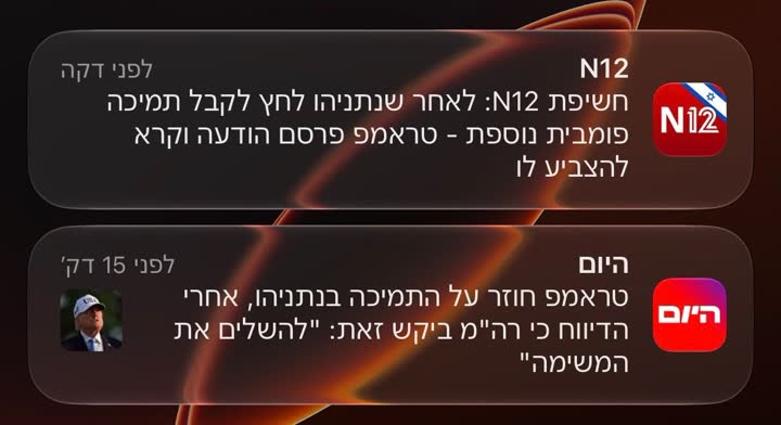 צילומי מסך מדיווחי חדשות על התמיכה